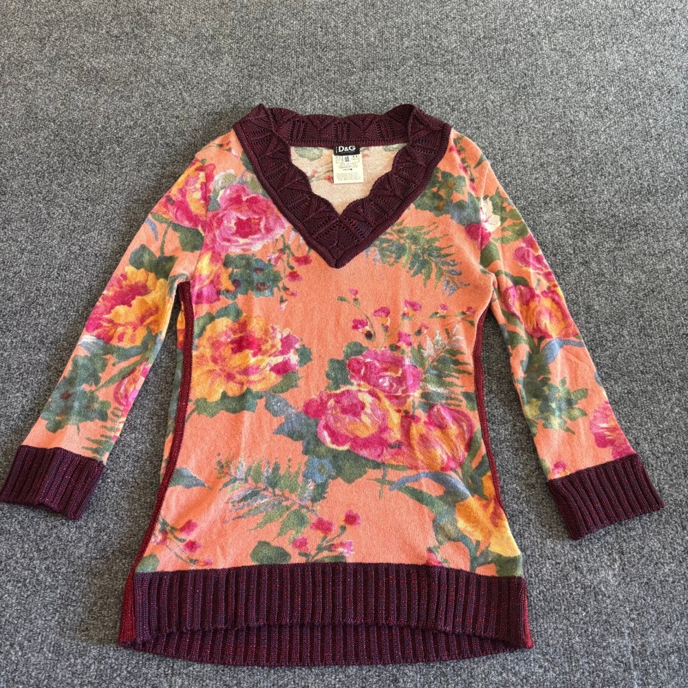D&G Dolce & Gabbana Floral Angora Wool V-Neck Sweater Orange IT 46 US L